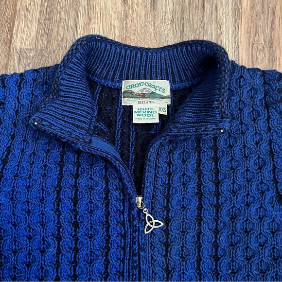 Aran Crafts Merino Wool Cable Knit Long Zip Up Sweater Women’s XXS Navy & Black - Picture 3 of 10